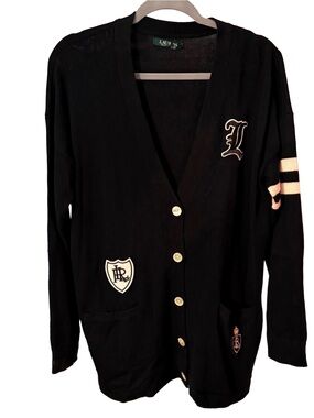 Lauren Ralph Lauren Women’s Black Varsity Cardigan Sweater Collegiate XL NWOT